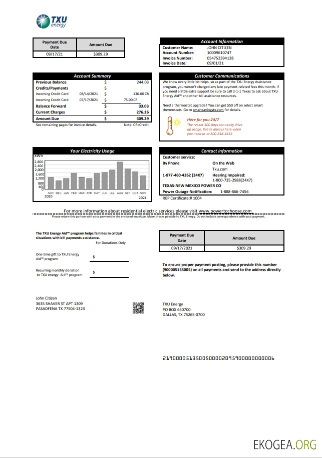 USA Texas TXU Energy utility bill template in Word and PDF format